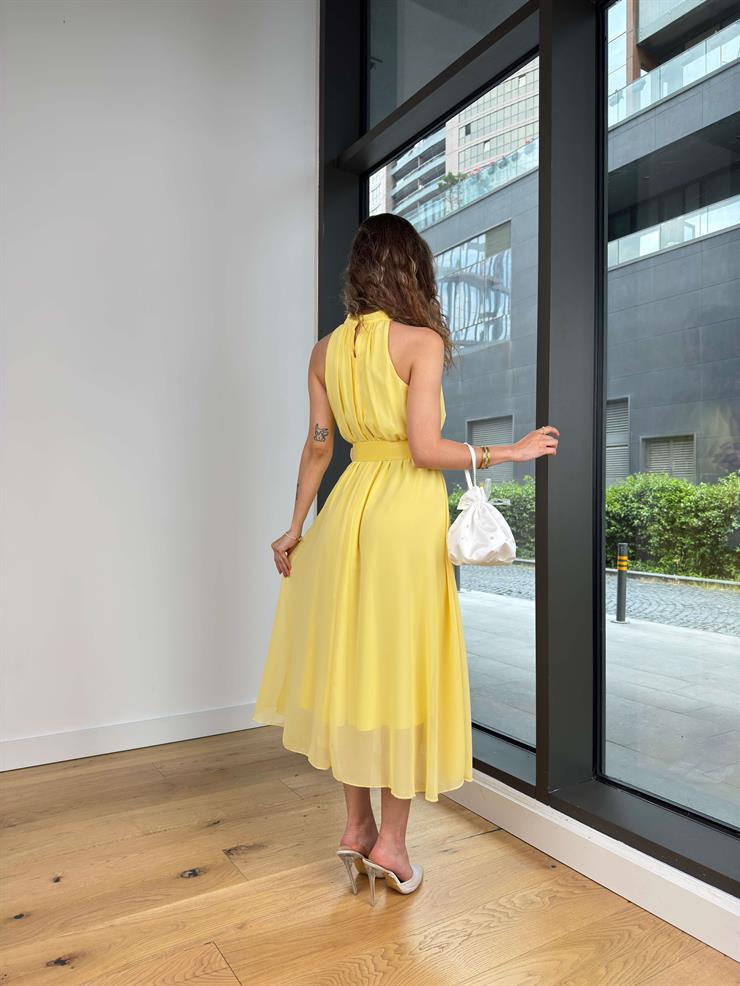 Halter Yaka Beli Kemerli Teyst Sarı Kadın Midi Elbise 25Y273