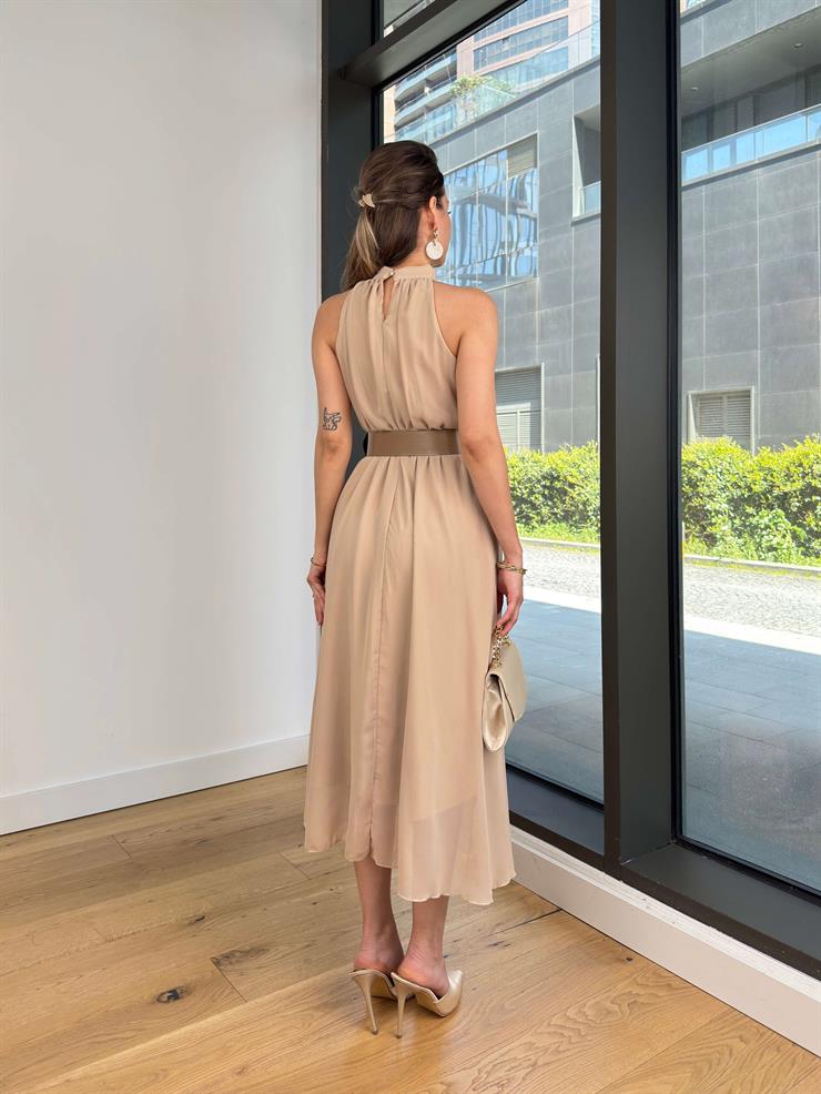 Halter Yaka Beli Kemerli Teyst Taş Kadın Midi Elbise 25Y273