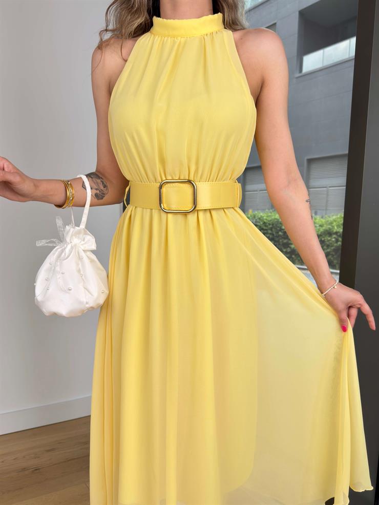 Halter Yaka Beli Kemerli Teyst Sarı Kadın Midi Elbise 25Y273