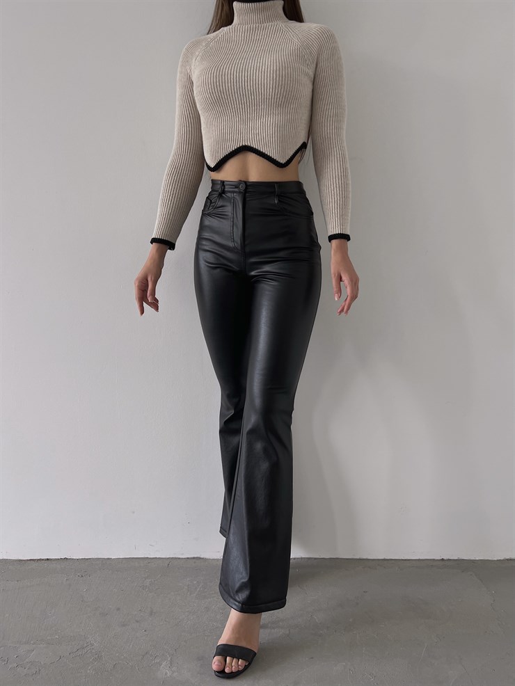 İspanyol Paça Yüksek Bel Thea Kadın Siyah Vegan Deri Pantolon 23K000218