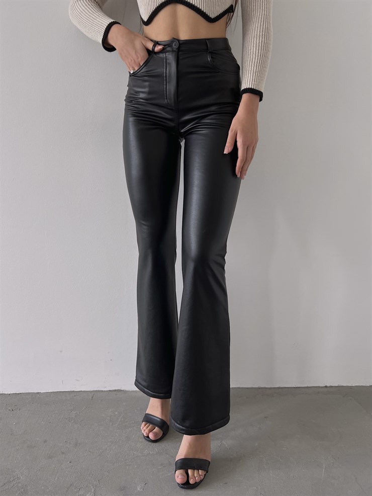 İspanyol Paça Yüksek Bel Thea Kadın Siyah Vegan Deri Pantolon 23K000218