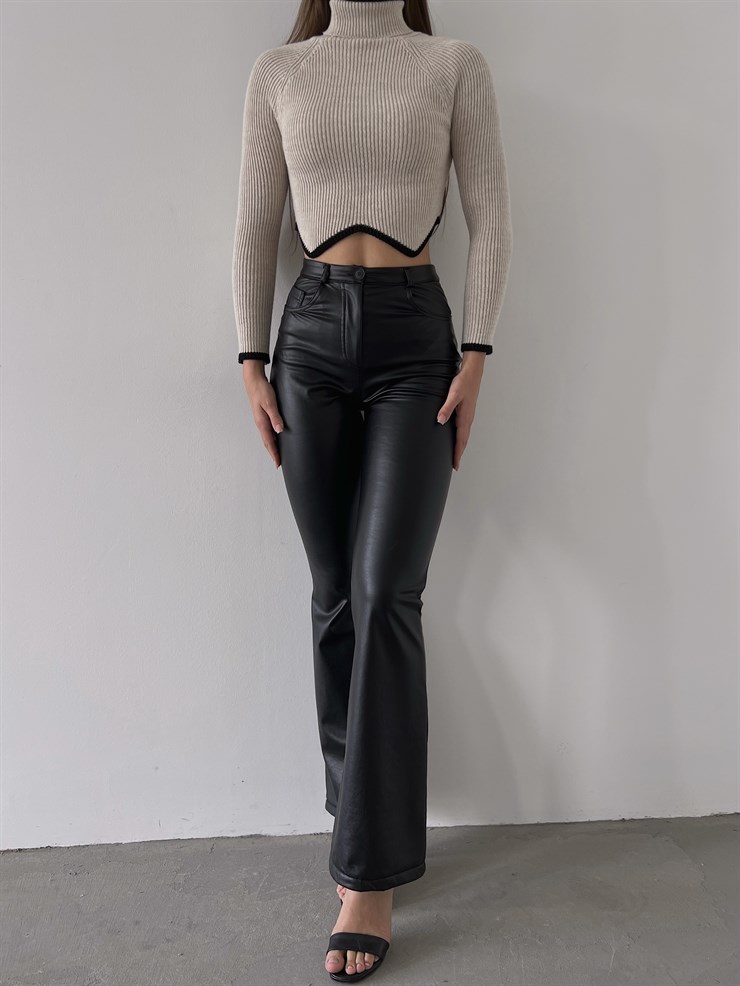 İspanyol Paça Yüksek Bel Thea Kadın Siyah Vegan Deri Pantolon 23K000218