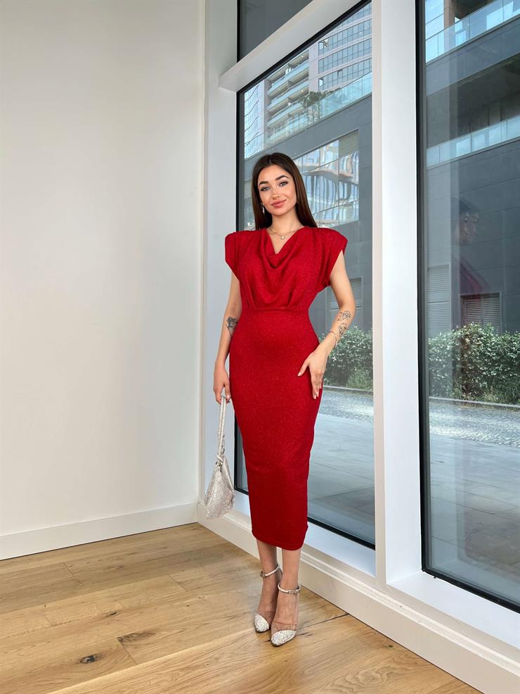 Degaje Yaka Omuz Vatkalı Theodor Kadın Kırmızı Midi Elbise 24Y712