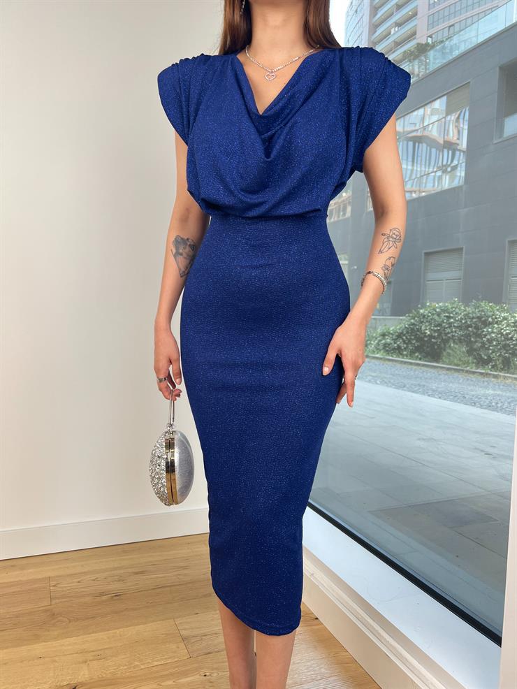 Degaje Yaka Omuz Vatkalı Theodor Kadın Saks Midi Elbise 24Y712