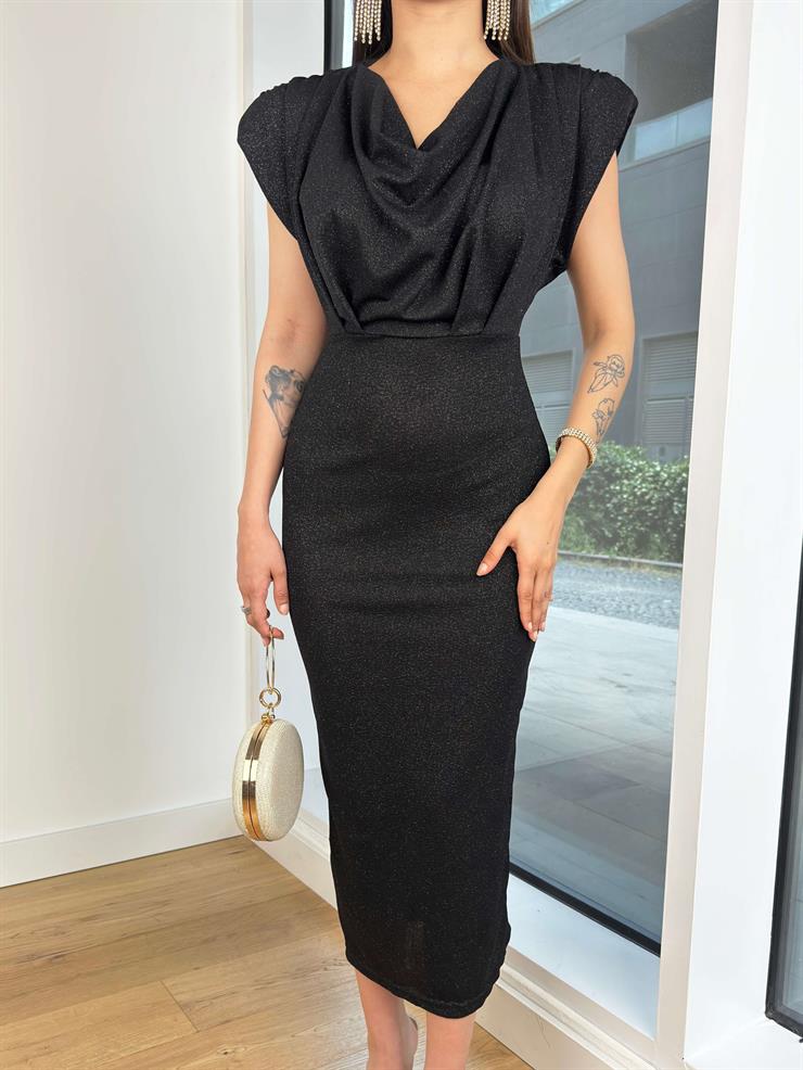 Degaje Yaka Omuz Vatkalı Theodor Kadın Siyah Midi Elbise 24Y712