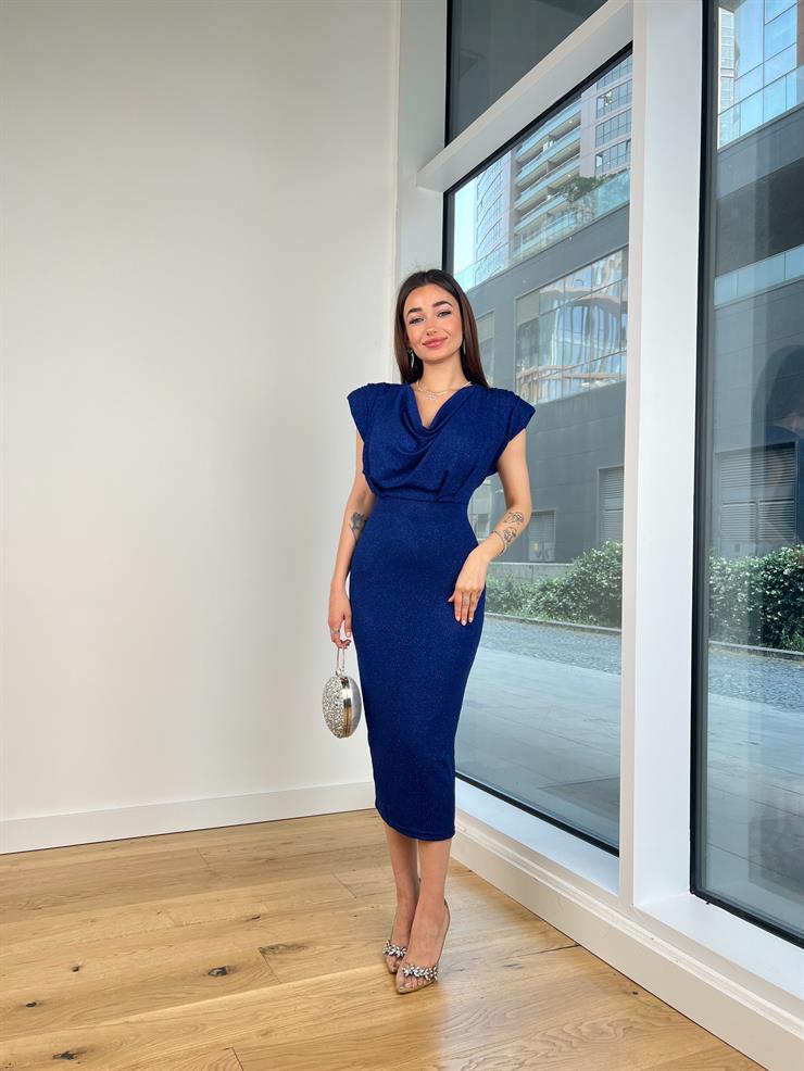 Degaje Yaka Omuz Vatkalı Theodor Kadın Saks Midi Elbise 24Y712