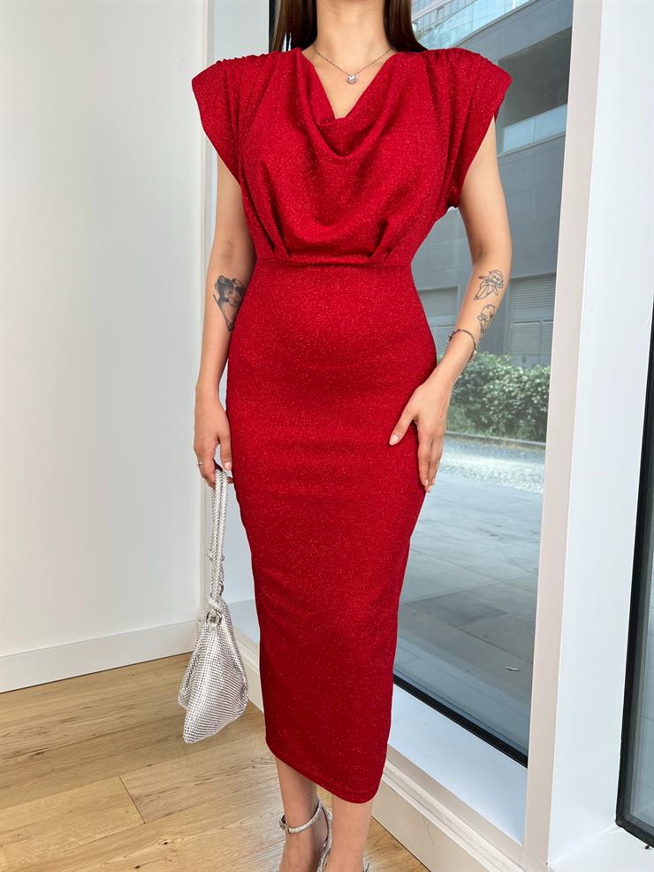 Degaje Yaka Omuz Vatkalı Theodor Kadın Kırmızı Midi Elbise 24Y712