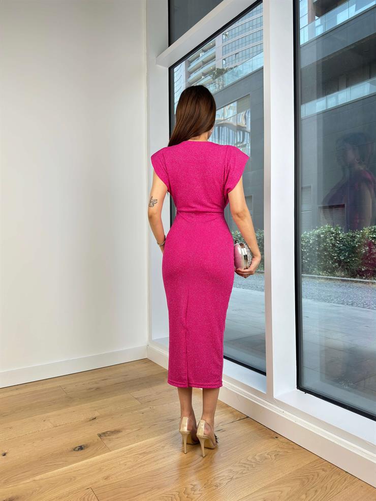 Degaje Yaka Omuz Vatkalı Theodor Kadın Fuşya Midi Elbise 24Y712