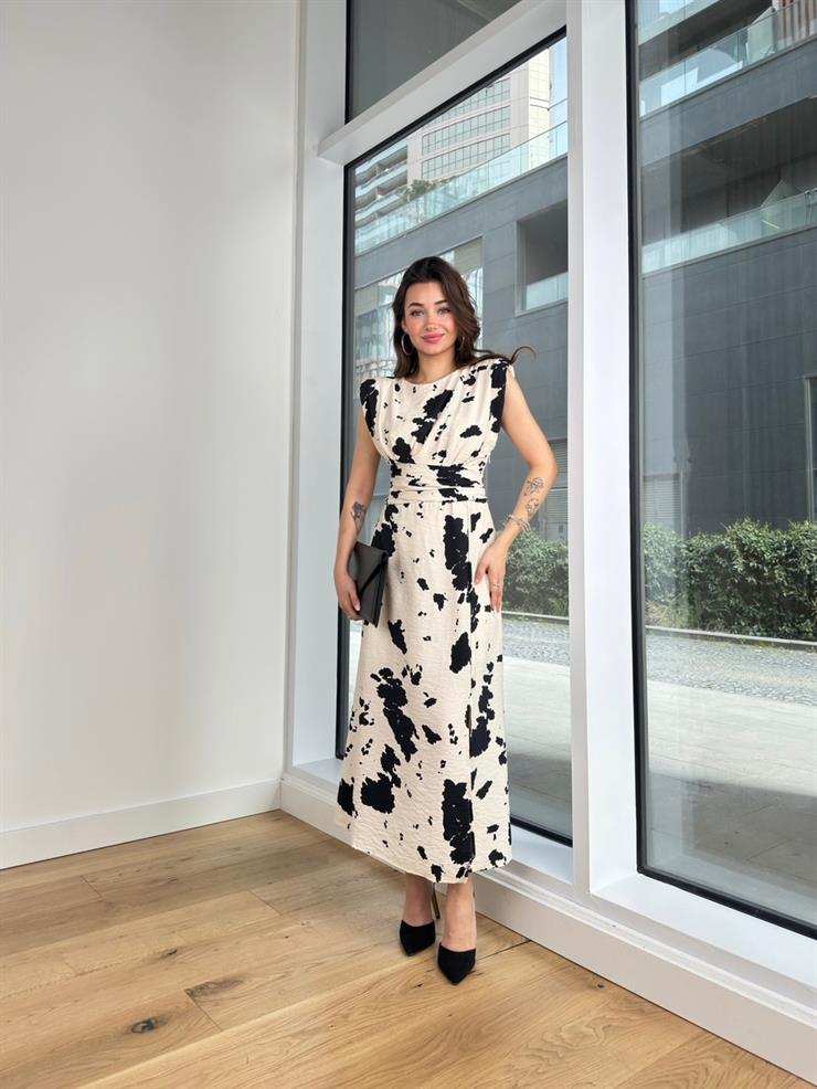 Omuz Vatkalı Belden Oturtmalı Ve Drapeli Thiago Kadın Taş Elbise 24Y335