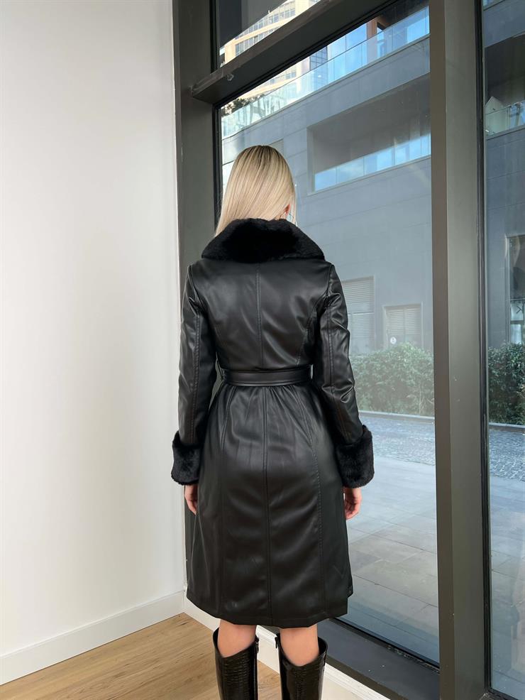 Belden Kuşaklı Thian Kadın Siyah Kürklü Vegan Deri Kaban 24k209