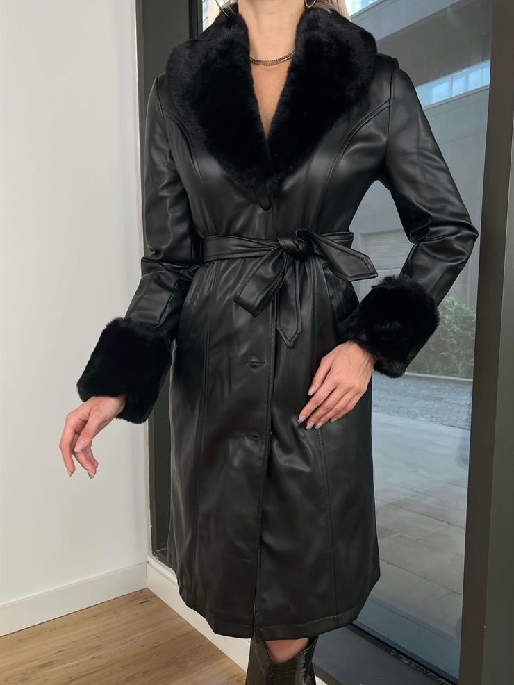 Belden Kuşaklı Thian Kadın Siyah Kürklü Vegan Deri Kaban 24k209