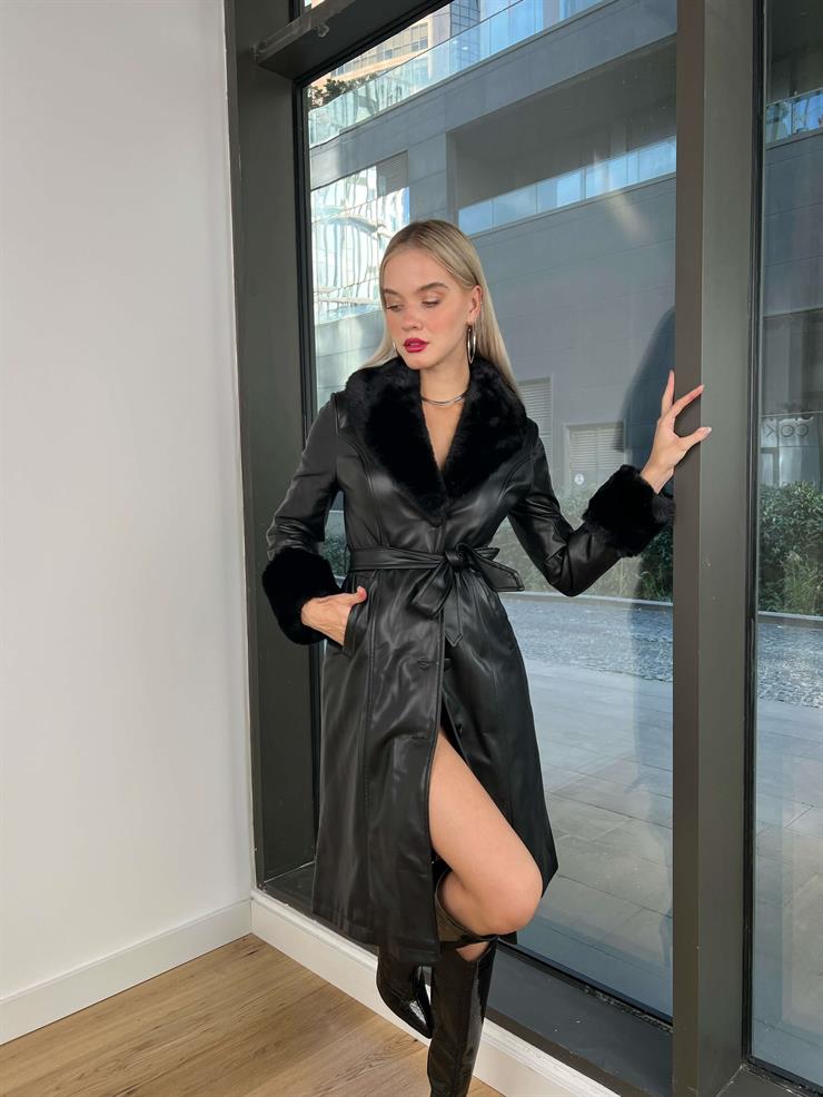 Belden Kuşaklı Thian Kadın Siyah Kürklü Vegan Deri Kaban 24k209