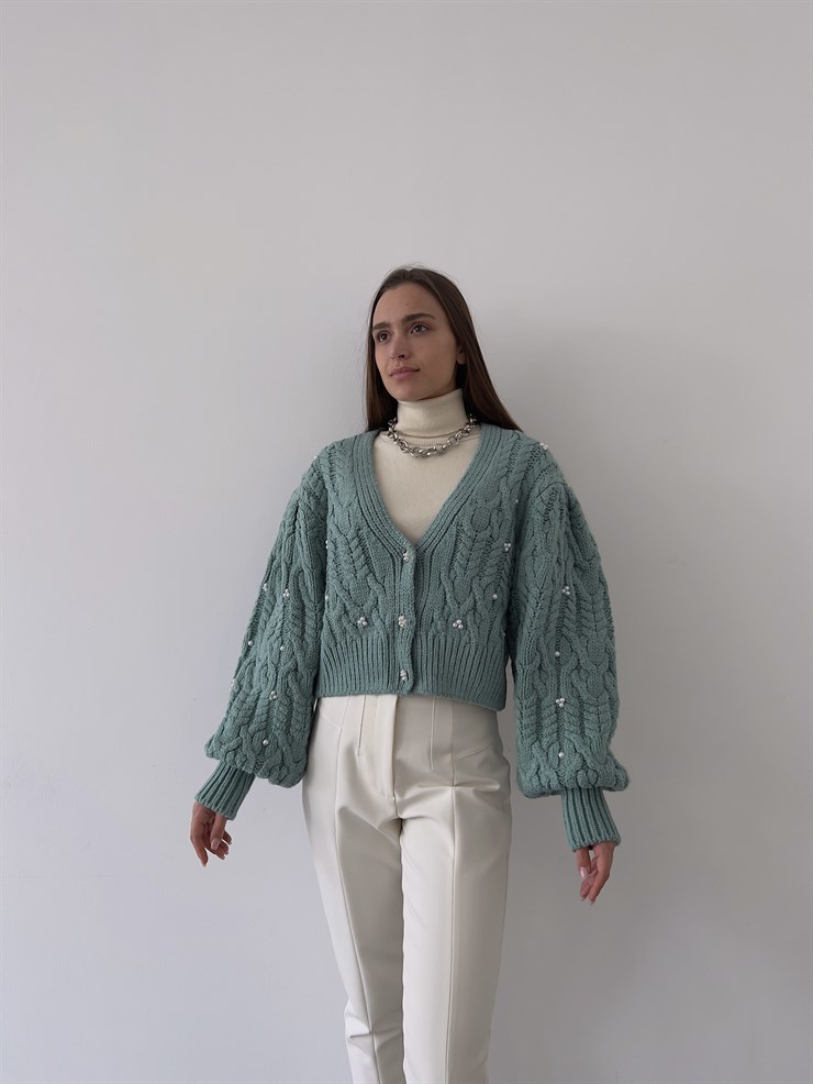 Ön Düğme Kapamalı V Yaka Thiego Kadın Mint Hırka 23K000265