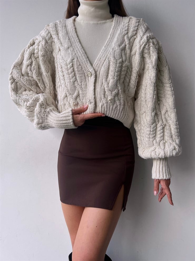 Ön Düğme Kapamalı V Yaka Thiego Kadın Bej Hırka 23K000265