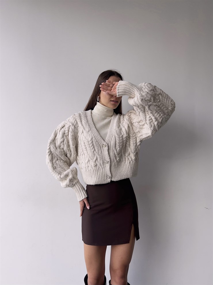 Ön Düğme Kapamalı V Yaka Thiego Kadın Bej Hırka 23K000265