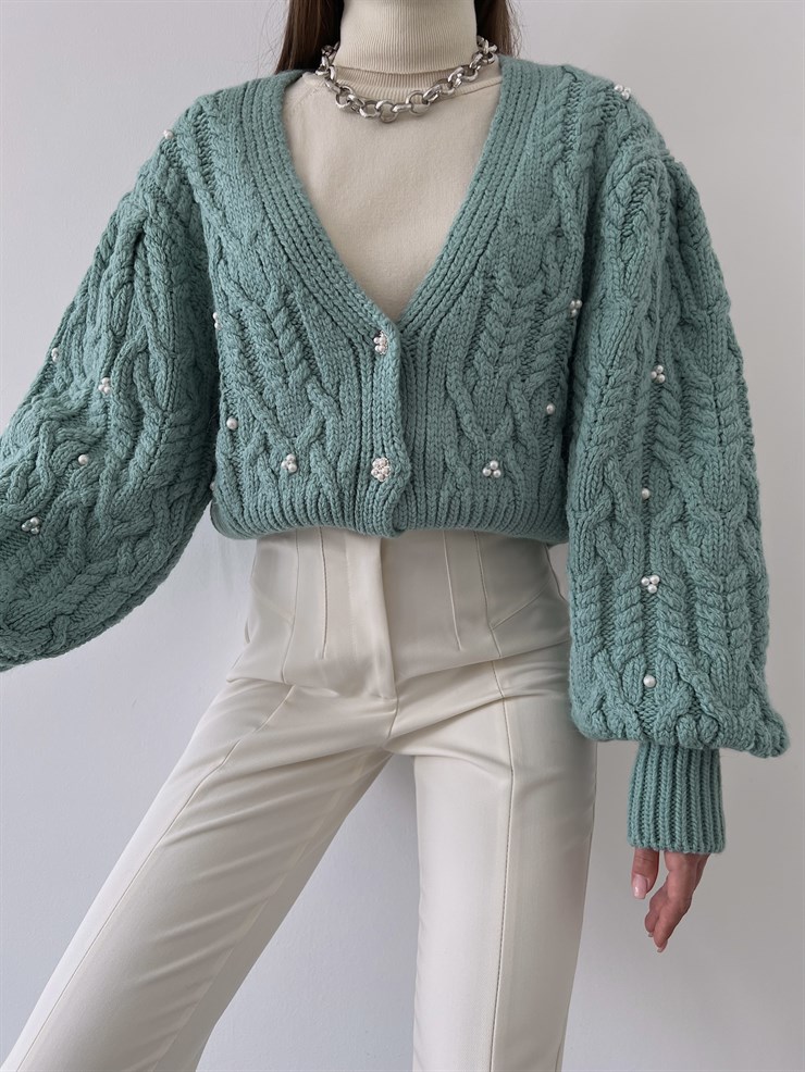 Ön Düğme Kapamalı V Yaka Thiego Kadın Mint Hırka 23K000265