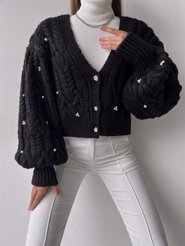 Ön Düğme Kapamalı V Yaka Thiego Kadın Siyah Hırka 23K000265