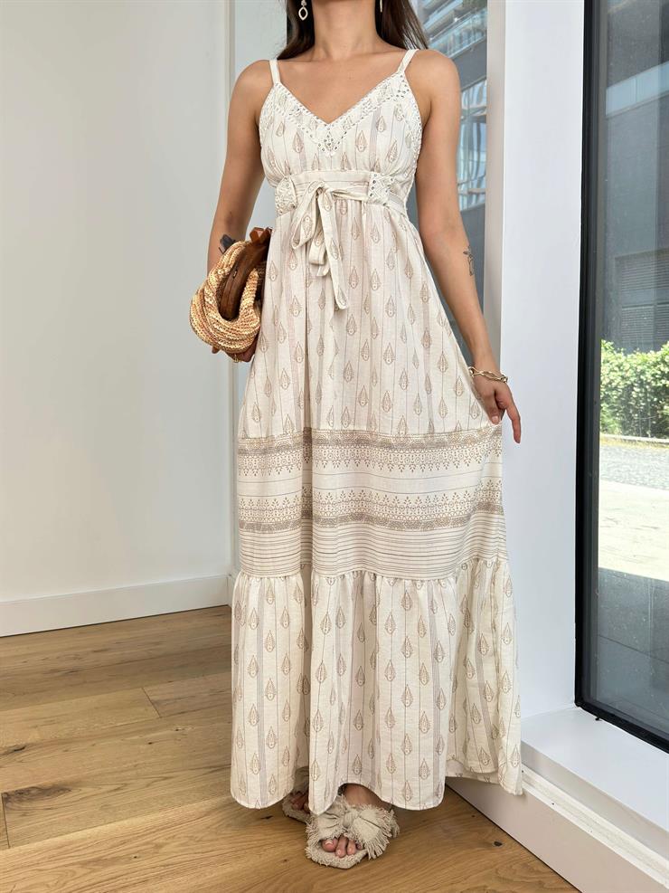 Askılı V Yaka Önü Bağlama Detaylı Tiago Kadın Taş Elbise 24Y657