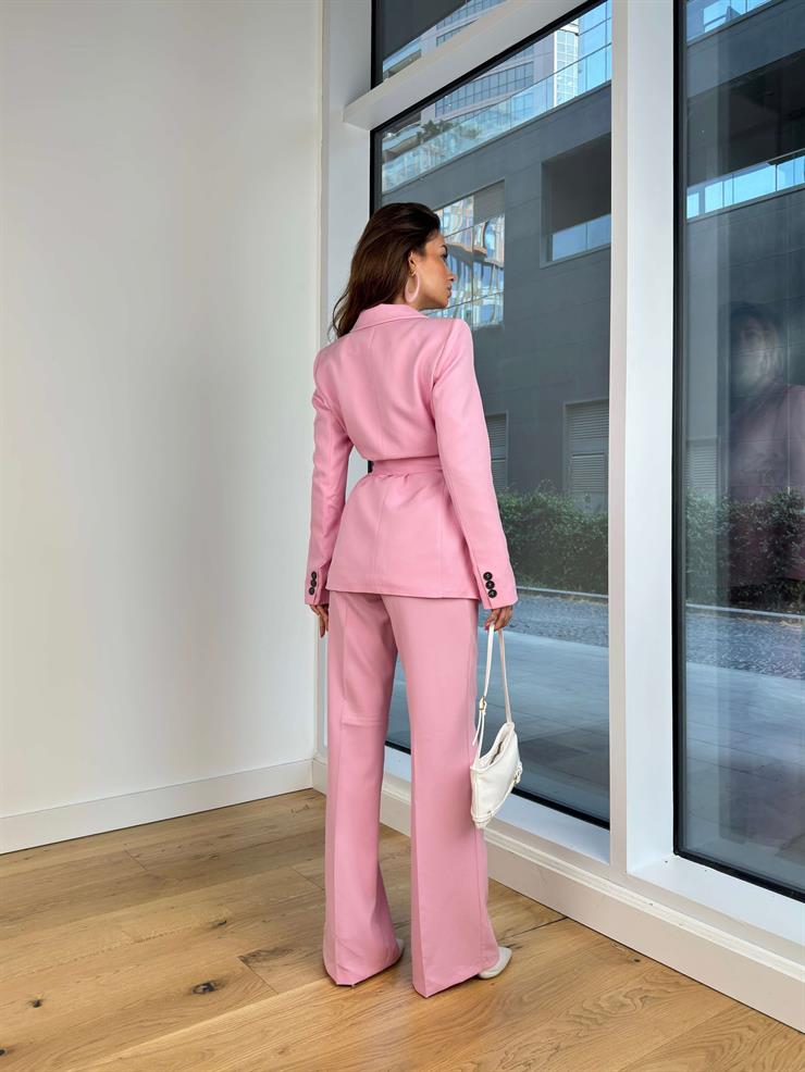 Belden Kuşaklı Blazer Ceket Yüksek Bel Bol Paça Pantolon Tian Kadın Pembe Takım 25K040