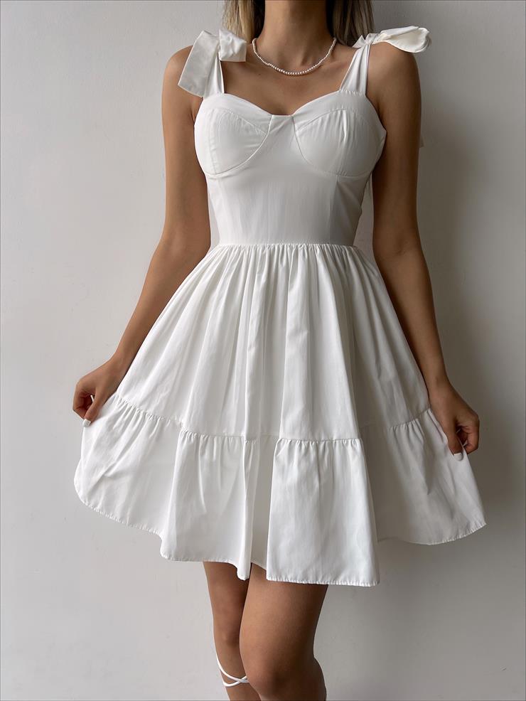 Bağlanabilir Kalın Askı Belden Oturtmalı Tiana Kadın Beyaz Mini Elbise 23Y000253