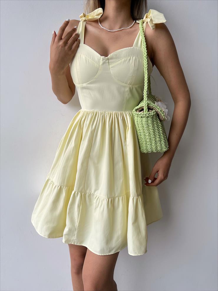 Bağlanabilir Kalın Askı Belden Oturtmalı Tiana Kadın Sarı Mini Elbise 23Y000253