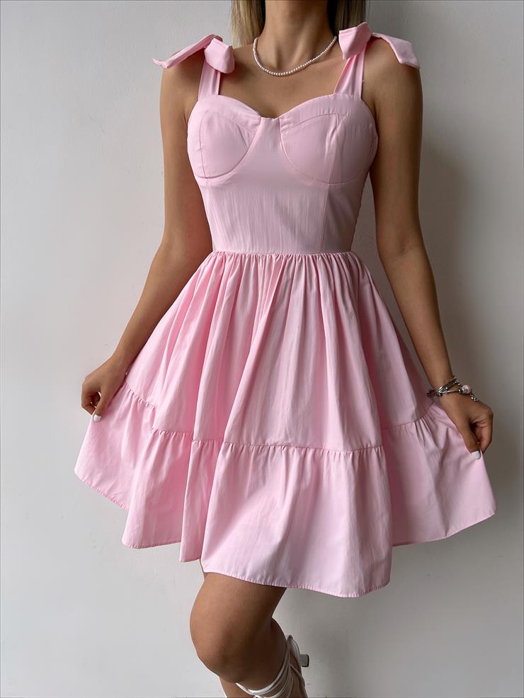 Bağlanabilir Kalın Askı Belden Oturtmalı Tiana Kadın Pembe Mini Elbise 23Y000253