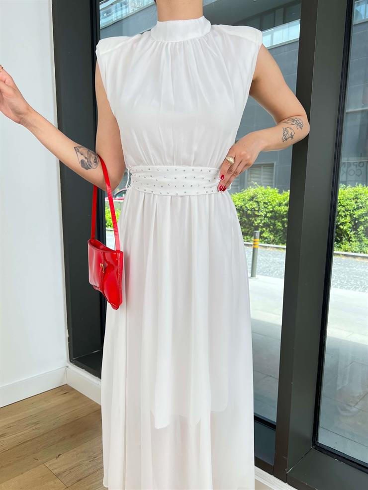 Yarım Boğazlı Belden Kuşaklı Tiara Beyaz Kadın Elbise 25Y353