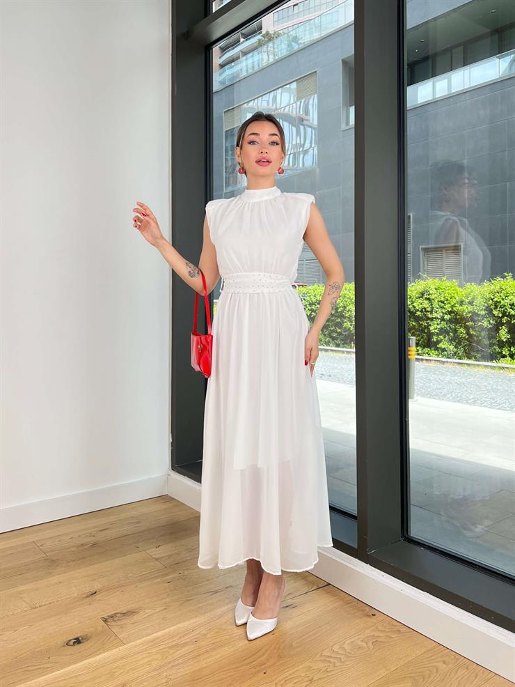 Yarım Boğazlı Belden Kuşaklı Tiara Beyaz Kadın Elbise 25Y353