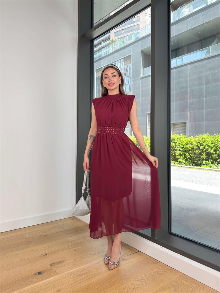 Yarım Boğazlı Belden Kuşaklı Tiara Bordo Kadın Elbise 25Y353