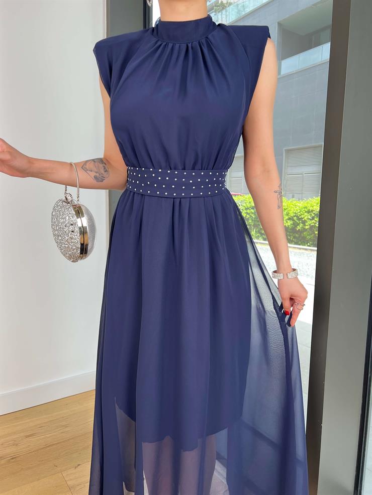 Yarım Boğazlı Belden Kuşaklı Tiara Lacivert Kadın Elbise 25Y353