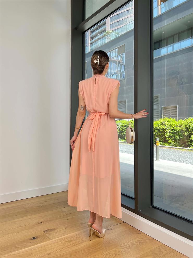 Yarım Boğazlı Belden Kuşaklı Tiara Pudra Kadın Elbise 25Y353