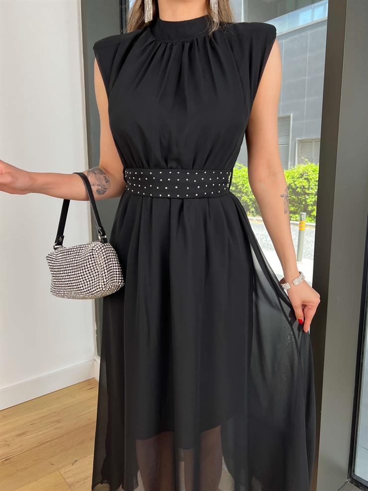 Yarım Boğazlı Belden Kuşaklı Tiara Siyah Kadın Elbise 25Y353