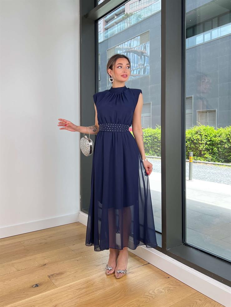 Yarım Boğazlı Belden Kuşaklı Tiara Lacivert Kadın Elbise 25Y353