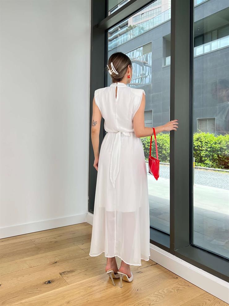 Yarım Boğazlı Belden Kuşaklı Tiara Beyaz Kadın Elbise 25Y353