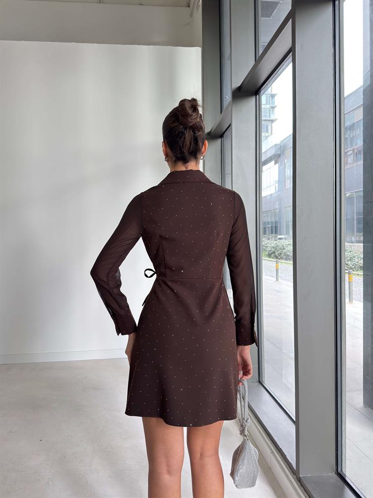 Bağlamalı Kruvaze Yaka Taşlı Kolları Tül Tiese Kahve Kadın Elbise 26K326