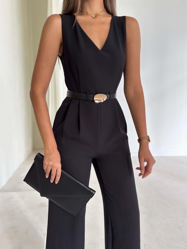 V Yaka Beli Kemerli Pens Detaylı Bol Paça Tiger Siyah Kadın Tulum 26K025