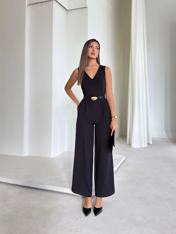 V Yaka Beli Kemerli Pens Detaylı Bol Paça Tiger Siyah Kadın Tulum 26K025