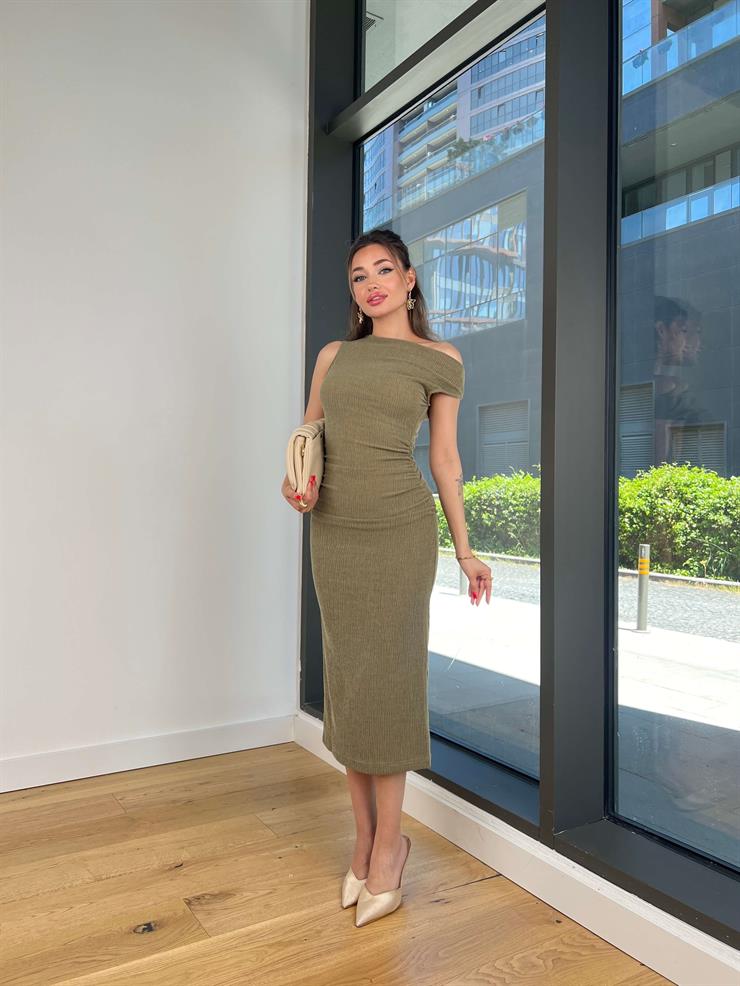 Tek Omuz Düşük Drapeli Tikn Haki Kadın Midi Elbise 25Y274