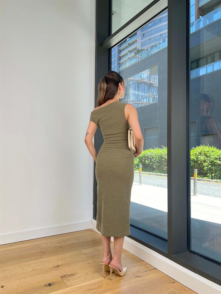 Tek Omuz Düşük Drapeli Tikn Haki Kadın Midi Elbise 25Y274