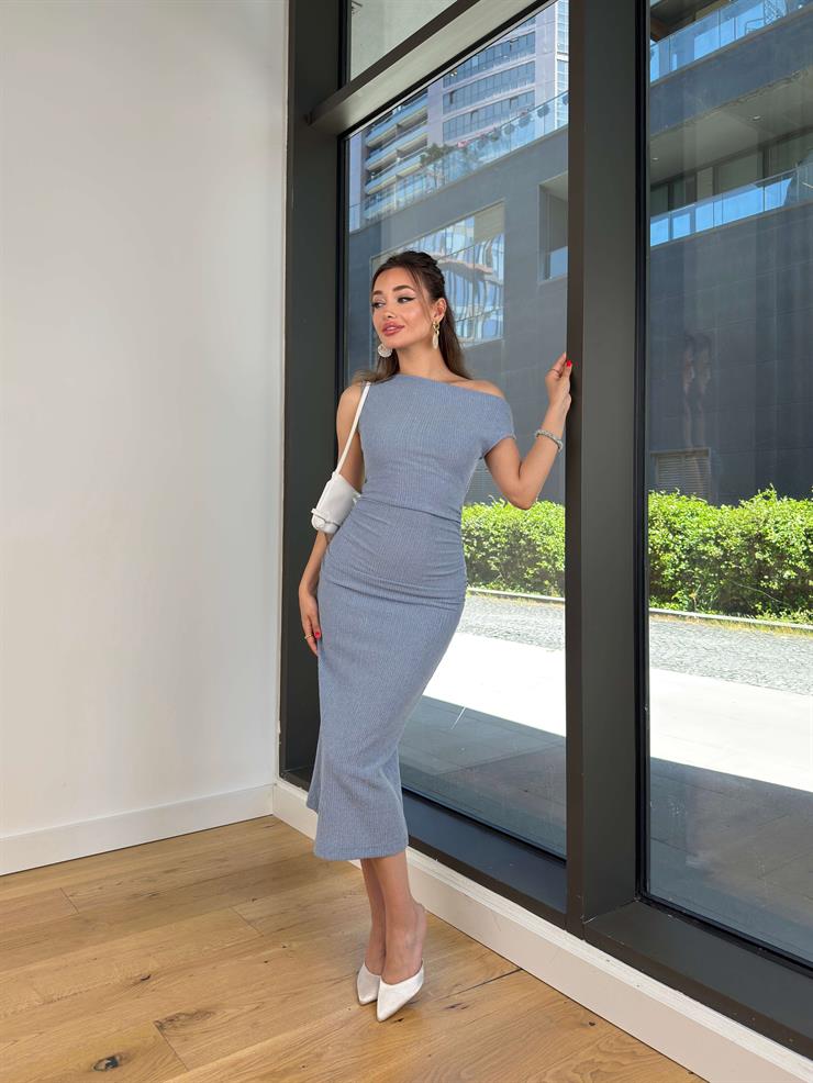 Tek Omuz Düşük Drapeli Tikn Mavi Kadın Midi Elbise 25Y274