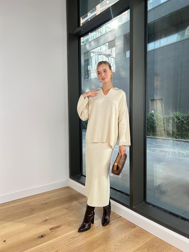 Polo Yaka Kazak Yüksek Bel Etek Tima Kadın Taş Kolları Ajurlu Takım 24k000147