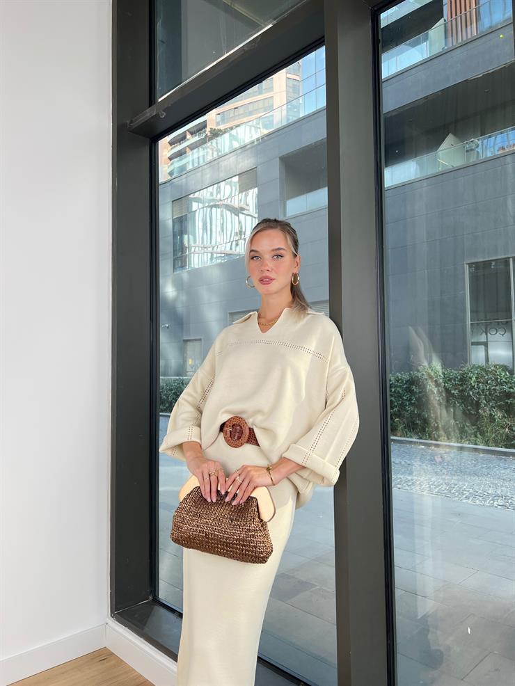 Polo Yaka Kazak Yüksek Bel Etek Tima Kadın Taş Kolları Ajurlu Takım 24k000147