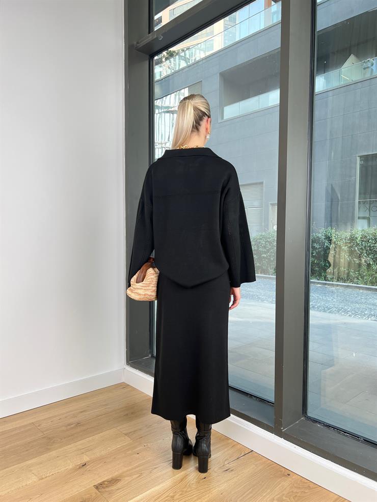 Polo Yaka Kazak Yüksek Bel Etek Tima Kadın Siyah Kolları Ajurlu Takım 24k000147