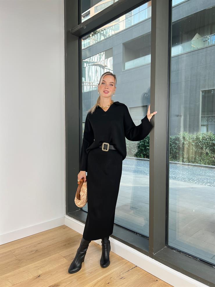 Polo Yaka Kazak Yüksek Bel Etek Tima Kadın Siyah Kolları Ajurlu Takım 24k000147