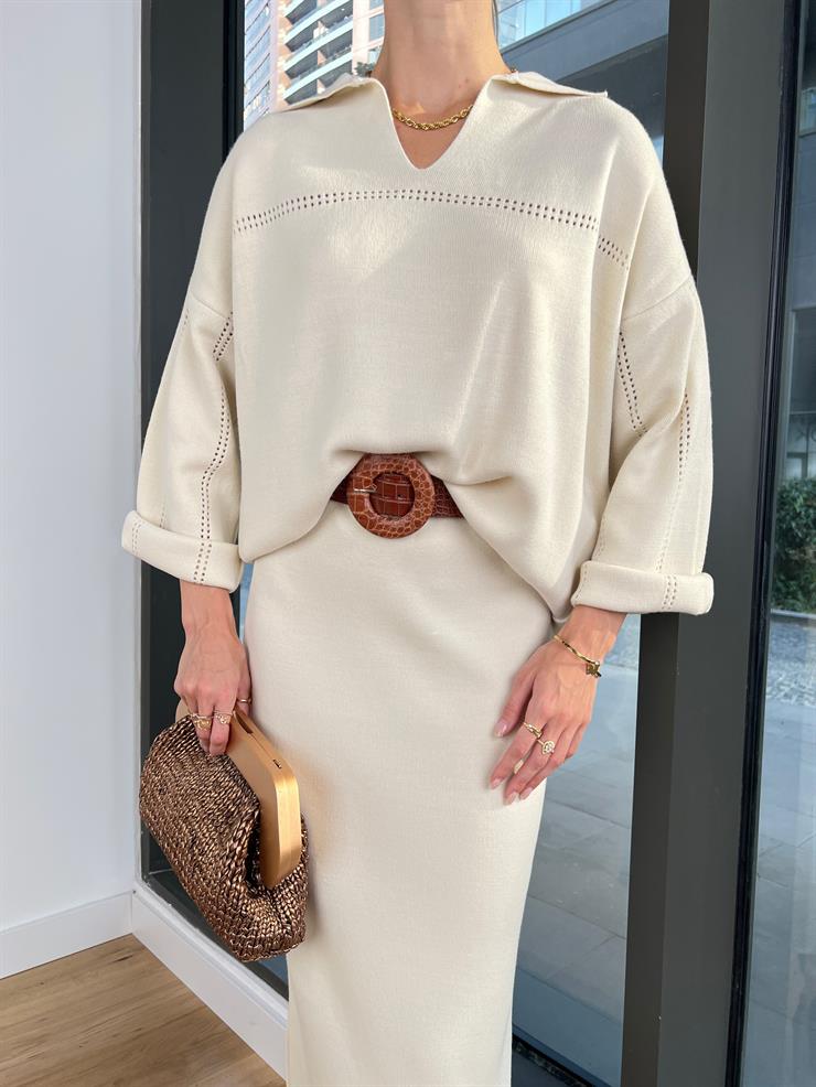 Polo Yaka Kazak Yüksek Bel Etek Tima Kadın Taş Kolları Ajurlu Takım 24k000147