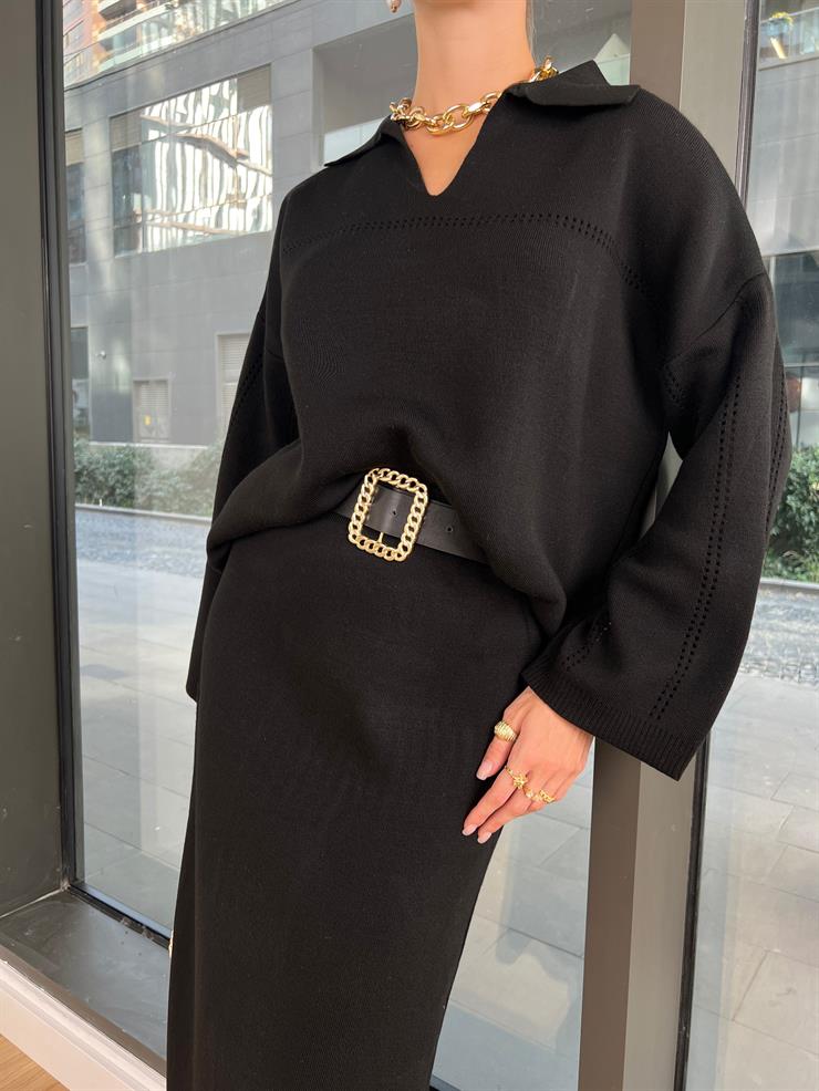 Polo Yaka Kazak Yüksek Bel Etek Tima Kadın Siyah Kolları Ajurlu Takım 24k000147