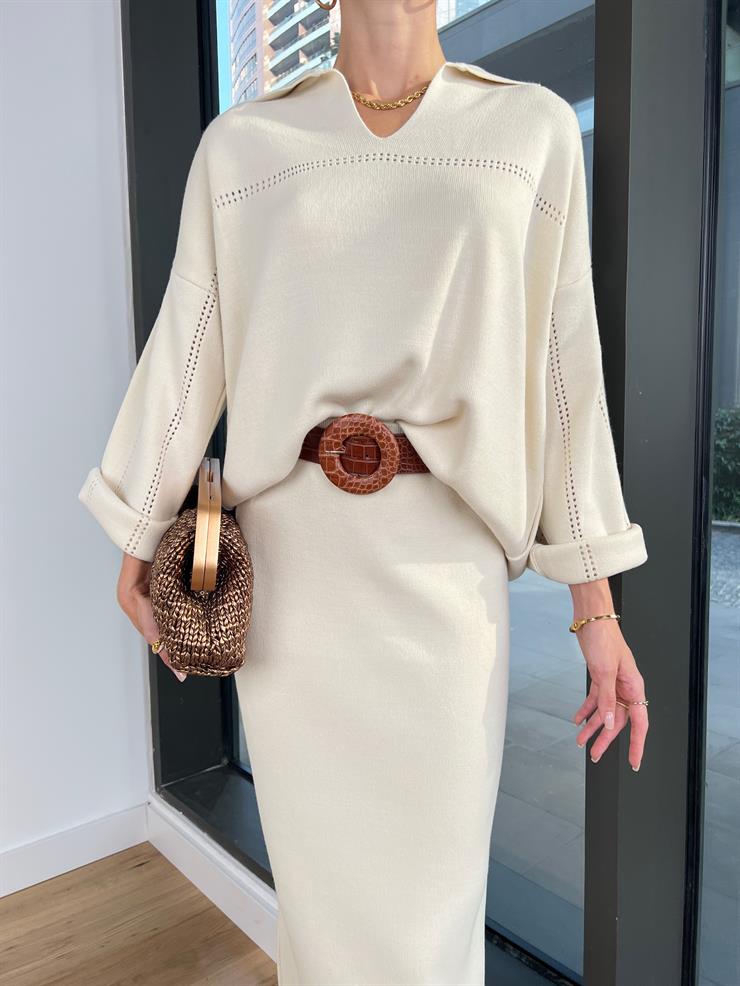 Polo Yaka Kazak Yüksek Bel Etek Tima Kadın Taş Kolları Ajurlu Takım 24k000147