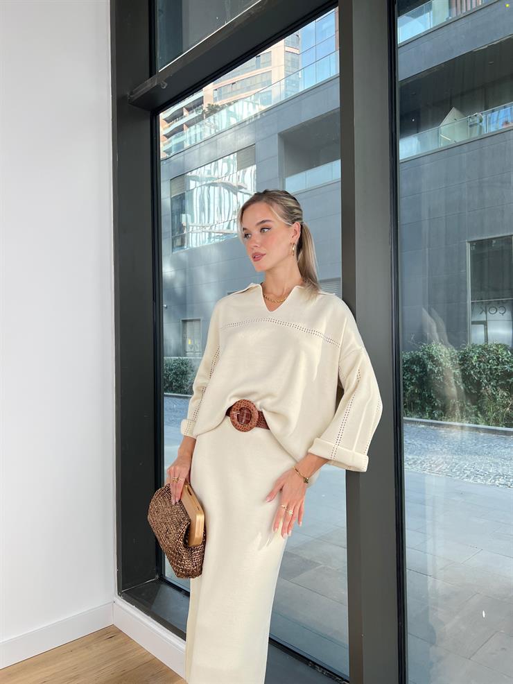 Polo Yaka Kazak Yüksek Bel Etek Tima Kadın Taş Kolları Ajurlu Takım 24k000147