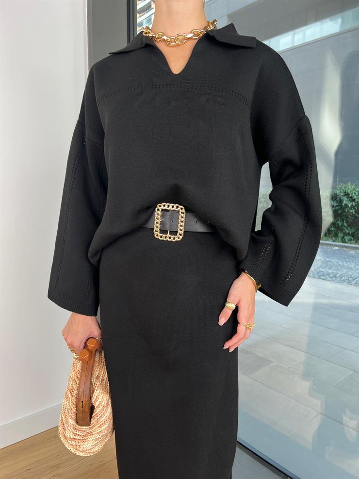 Polo Yaka Kazak Yüksek Bel Etek Tima Kadın Siyah Kolları Ajurlu Takım 24k000147