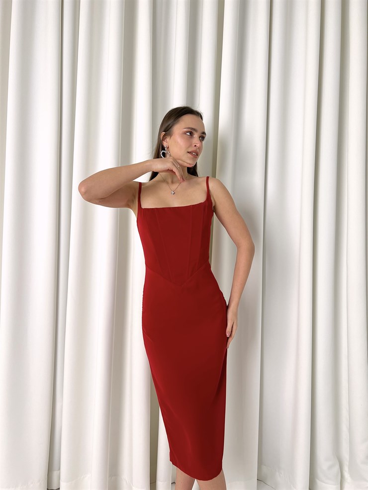 Askılı Korse Detay Tina Kadın Kırmızı Kalem Midi Elbise 23K000455